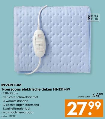 Aanbiedingen 1-persoons elektrische deken hn131mw - Inventum - Geldig van 07/10/2017 tot 18/10/2017 bij Blokker