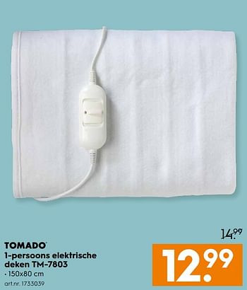 Aanbiedingen Tomado 1-persoons elektrische deken tm-7803 - Tomado - Geldig van 07/10/2017 tot 18/10/2017 bij Blokker