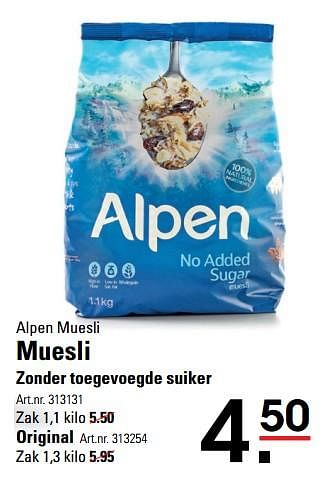 Aanbiedingen Alpen muesli muesli zonder toegevoegde suiker - Alpen - Geldig van 05/10/2017 tot 23/10/2017 bij Sligro