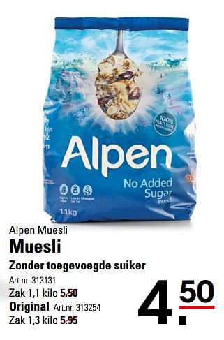 Aanbiedingen Alpen muesli muesli zonder toegevoegde suiker - Alpen - Geldig van 05/10/2017 tot 23/10/2017 bij Sligro