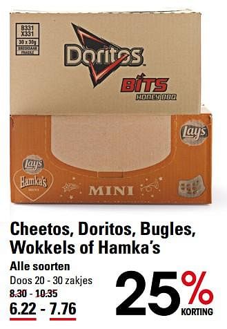 Aanbiedingen Cheetos, doritos, bugles, wokkels of hamka`s - Doritos - Geldig van 05/10/2017 tot 23/10/2017 bij Sligro