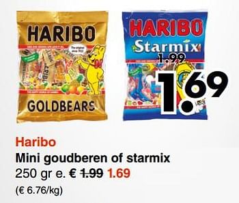 Aanbiedingen Haribo mini goudberen of starmix - Haribo - Geldig van 16/10/2017 tot 28/10/2017 bij Wibra