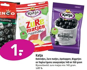 Aanbiedingen Katja kokindjes, zure matjes, apekoppen, biggetjes en yoghurtgums snoepzakjes zure matjes mix - Katja - Geldig van 09/10/2017 tot 22/10/2017 bij D.I.O. Drogist