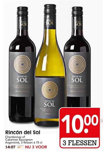 Aanbiedingen Rincón del sol chardonnay of cabernet sauvignon argentinië - Rode wijnen - Geldig van 15/10/2017 tot 21/10/2017 bij Em-té