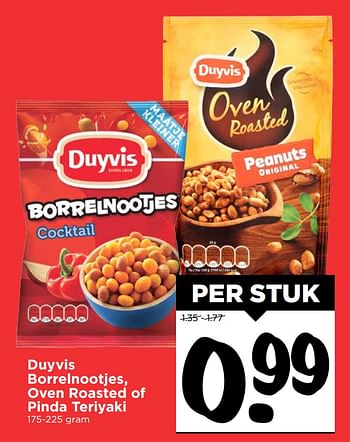 Aanbiedingen Duyvis borrelnootjes, oven roasted of pinda teriyaki - Duyvis - Geldig van 15/10/2017 tot 21/10/2017 bij Vomar