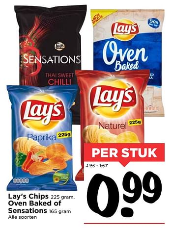 Aanbiedingen Lay`s chips, oven baked of sensations - Lay's - Geldig van 15/10/2017 tot 21/10/2017 bij Vomar