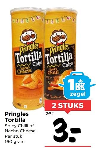 Aanbiedingen Pringles tortilla spicy chilli of nacho cheese - Pringles - Geldig van 15/10/2017 tot 21/10/2017 bij Vomar