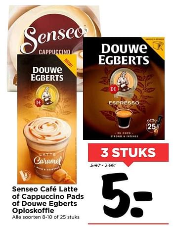 Aanbiedingen Senseo café latte of cappuccino pads of douwe egberts oploskoffie - Douwe Egberts - Geldig van 15/10/2017 tot 21/10/2017 bij Vomar
