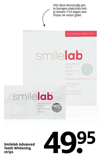 Aanbiedingen Smilelab advanced teeth whitening strips - Smilelab - Geldig van 16/10/2017 tot 22/10/2017 bij Etos