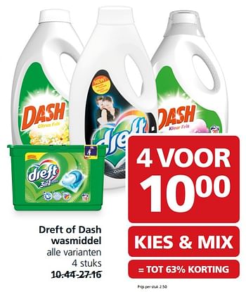 Aanbiedingen Dreft of dash wasmiddel - Dash - Geldig van 16/10/2017 tot 22/10/2017 bij Jan Linders
