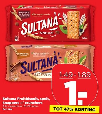 Aanbiedingen Sultana fruitbiscuit, spelt, knappers of crunchers - Sultana - Geldig van 15/10/2017 tot 21/10/2017 bij Plus