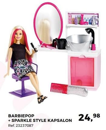 Aanbiedingen Barbiepop + sparkle style kapsalon - Mattel - Geldig van 14/10/2017 tot 12/12/2017 bij Supra Bazar