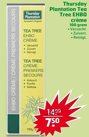 Aanbiedingen Thursday plantation tea tree ehbo crème - Thursday plantation - Geldig van 17/10/2017 tot 29/10/2017 bij Trekpleister