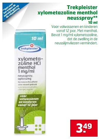 Aanbiedingen Trekpleister xylometazoline menthol neusspray - Huismerk - Trekpleister - Geldig van 17/10/2017 tot 29/10/2017 bij Trekpleister