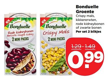 Aanbiedingen Bonduelle groente crispy maïs, kikkererwten, rode kidneybonen of zwarte bonen - Bonduelle - Geldig van 22/10/2017 tot 28/10/2017 bij Plus
