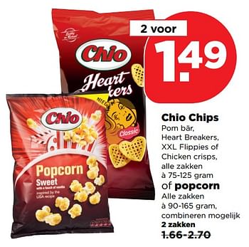Aanbiedingen Chio chips pom bär, heart breakers, xxl flippies of chicken crisps of popcorn - Chio - Geldig van 22/10/2017 tot 28/10/2017 bij Plus
