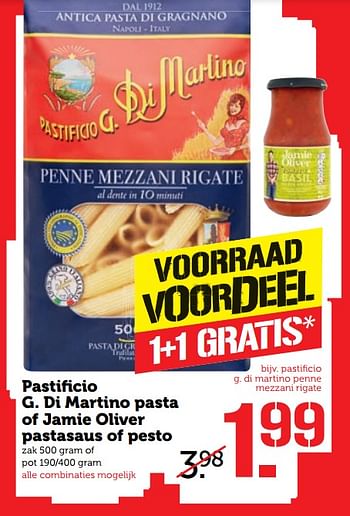 Aanbiedingen Pastificio g.di martino pasta of jamie oliver pastasaus of pesto - Pastificio di Martino - Geldig van 23/10/2017 tot 29/10/2017 bij Coop