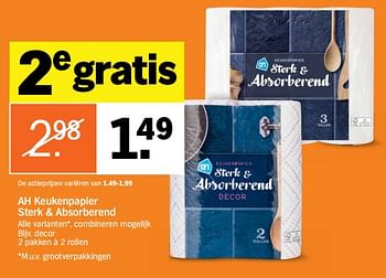 Aanbiedingen Ah keukenpapier sterk + absorberend - Huismerk - Albert Heijn - Geldig van 23/10/2017 tot 29/10/2017 bij Albert Heijn