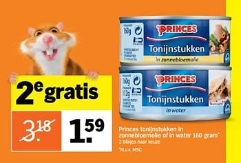 Aanbiedingen Princes tonijnstukken in zonnebloemolie of in water - Princes - Geldig van 23/10/2017 tot 29/10/2017 bij Albert Heijn