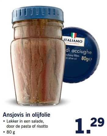 Aanbiedingen Ansjovis in olijfolie - Italiamo - Geldig van 23/10/2017 tot 29/10/2017 bij Lidl