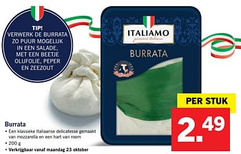 Aanbiedingen Burrata - Italiamo - Geldig van 23/10/2017 tot 29/10/2017 bij Lidl