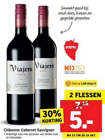 Aanbiedingen Chileense cabernet sauvignon - Rode wijnen - Geldig van 23/10/2017 tot 29/10/2017 bij Lidl