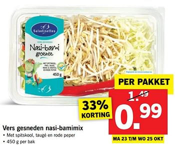 Aanbiedingen Vers gesneden nasi-bamimix - Saladinettes - Geldig van 23/10/2017 tot 29/10/2017 bij Lidl