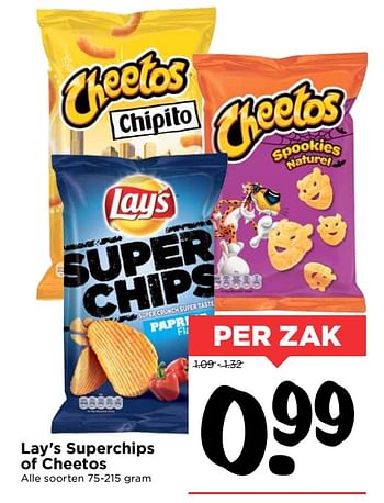 Aanbiedingen Lay`s superchips of cheetos - Lay's - Geldig van 22/10/2017 tot 28/10/2017 bij Vomar