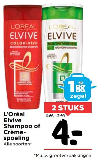 Aanbiedingen L`oréal elvive shampoo of crèmespoeling - L'Oreal Paris - Geldig van 22/10/2017 tot 28/10/2017 bij Vomar