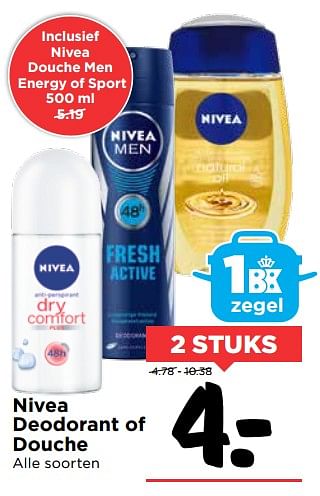 Aanbiedingen Nivea deodorant of douche - Nivea - Geldig van 22/10/2017 tot 28/10/2017 bij Vomar