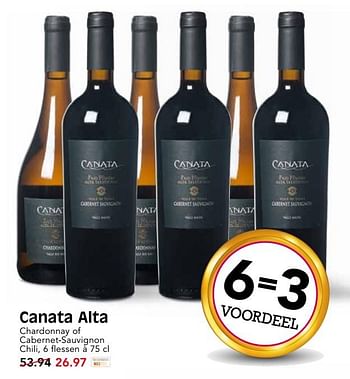 Aanbiedingen Canata alta chardonnay of cabernet-sauvignon chili - Rode wijnen - Geldig van 22/10/2017 tot 28/10/2017 bij Em-té