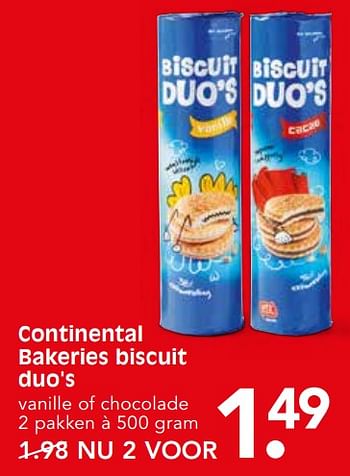 Aanbiedingen Continental bakeries biscuit duo`s vanille of chocolade - Continental - Geldig van 22/10/2017 tot 28/10/2017 bij Em-té