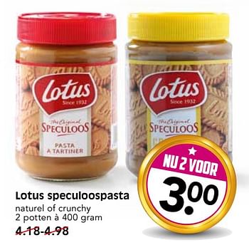 Aanbiedingen Lotus speculoospasta naturel of crunchy - Lotus Bakeries - Geldig van 22/10/2017 tot 28/10/2017 bij Em-té