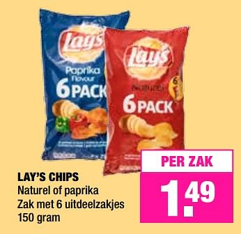 Aanbiedingen Lay`s chips naturel of paprika zak met 6 uitdeelzakjes - Lay's - Geldig van 23/10/2017 tot 05/11/2017 bij Big Bazar