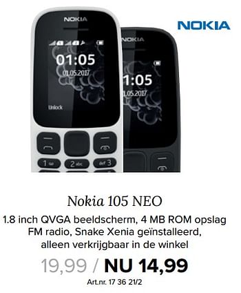 Aanbiedingen Nokia 105 neo - Nokia - Geldig van 23/10/2017 tot 05/11/2017 bij Kijkshop