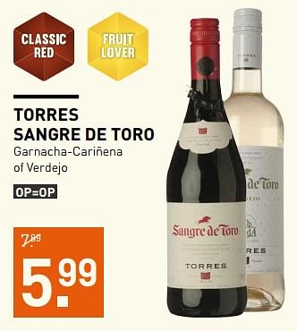 Aanbiedingen Torres sangre de toro garnacha-cariñena of verdejo - Rode wijnen - Geldig van 23/10/2017 tot 05/11/2017 bij Gall & Gall