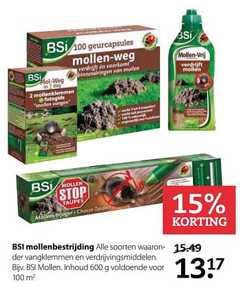 Aanbiedingen Bsi mollenbestrijding - BSI - Geldig van 23/10/2017 tot 05/11/2017 bij Boerenbond