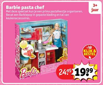 Aanbiedingen Barbie pasta chef - Mattel - Geldig van 23/10/2017 tot 31/12/2017 bij Kruidvat