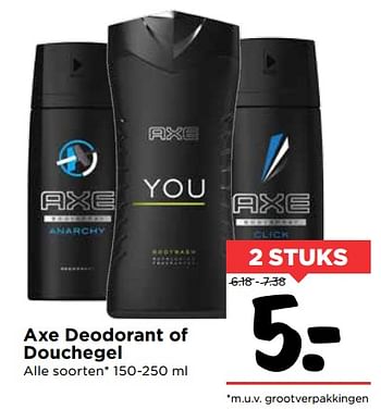 Aanbiedingen Axe deodorant of douchegel - Axe - Geldig van 28/10/2017 tot 04/11/2017 bij Vomar