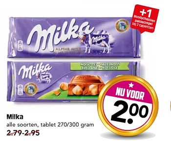 Aanbiedingen Milka alle soorten, tablet - Milka - Geldig van 29/10/2017 tot 04/11/2017 bij Em-té
