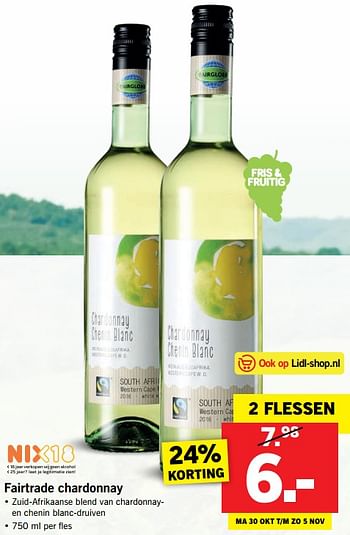 Aanbiedingen Fairtrade chardonnay - Witte wijnen - Geldig van 30/10/2017 tot 05/11/2017 bij Lidl