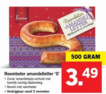 Aanbiedingen Roomboter amandelletter `s` - Huismerk - Lidl - Geldig van 30/10/2017 tot 05/11/2017 bij Lidl