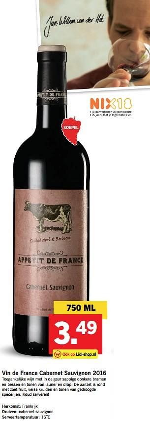 Aanbiedingen Vin de france cabernet sauvignon 2016 - Rode wijnen - Geldig van 30/10/2017 tot 05/11/2017 bij Lidl
