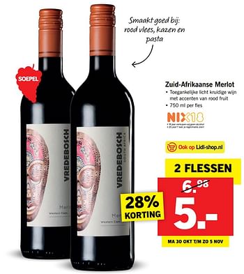 Aanbiedingen Zuid-afrikaanse merlot - Rode wijnen - Geldig van 30/10/2017 tot 05/11/2017 bij Lidl