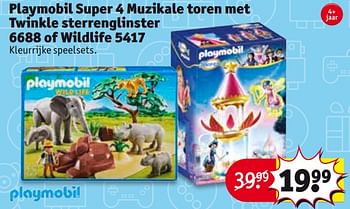 Aanbiedingen Playmobil super 4 muzikale toren met twinkle sterrenglinster 6688 of wildlife 5417 - Playmobil - Geldig van 24/10/2017 tot 05/11/2017 bij Kruidvat