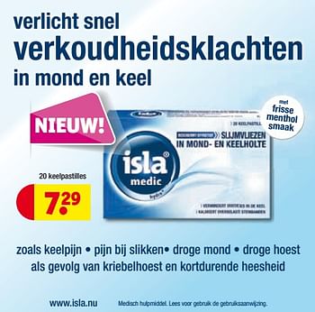 Aanbiedingen Verlicht snel verkoudheidsklachten in mond en keel - Isla - Geldig van 24/10/2017 tot 05/11/2017 bij Kruidvat
