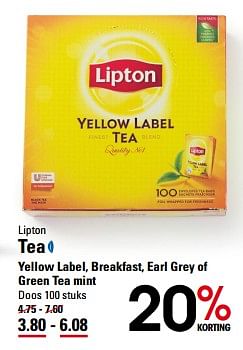 Aanbiedingen Lipton tea yellow label, breakfast, earl grey of green tea mint - Lipton - Geldig van 26/10/2017 tot 13/11/2017 bij Sligro