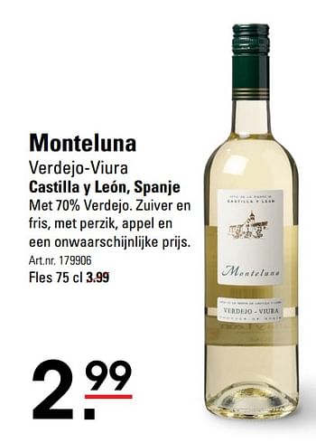 Aanbiedingen Monteluna verdejo-viura castilla y león, spanje - Witte wijnen - Geldig van 26/10/2017 tot 13/11/2017 bij Sligro