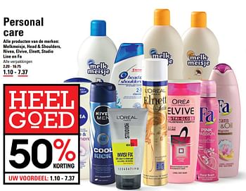 Aanbiedingen Personal care alle producten van de merken: melkmeisie, head + shoulders, nivea, elvive, elnett, studio line en fa - Huismerk - Sligro - Geldig van 26/10/2017 tot 13/11/2017 bij Sligro