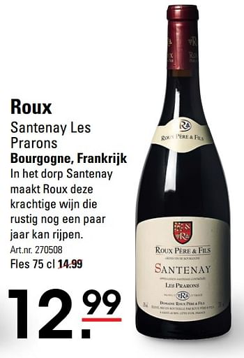 Aanbiedingen Roux santenay les prarons bourgogne, frankrijk - Rode wijnen - Geldig van 26/10/2017 tot 13/11/2017 bij Sligro